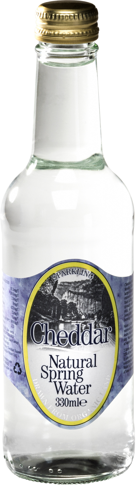 330ml Cheddar Sparkling Spring Water in a clear glass bottle