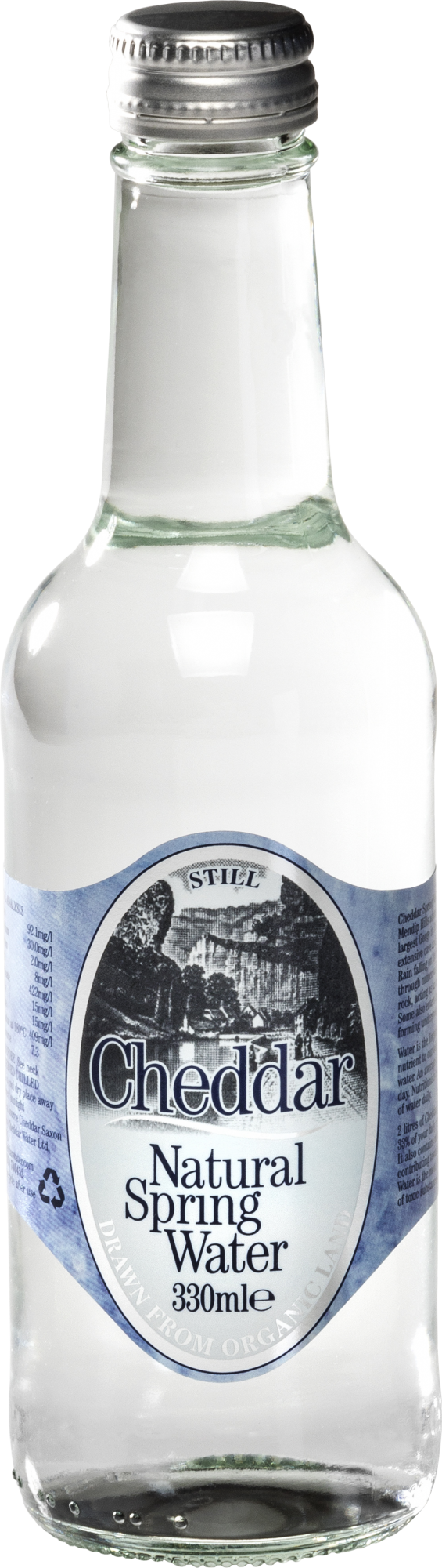 330ml Cheddar Natural Still Spring Water in a clear glass bottle