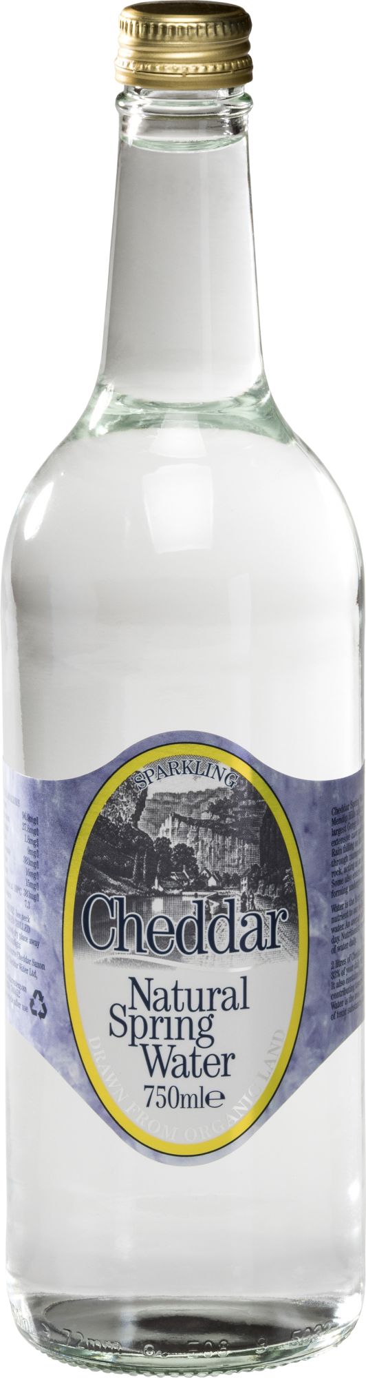 750ml Cheddar Sparkling Spring Water in a clear glass bottle