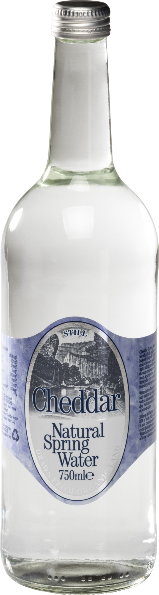 750ml Cheddar Natural Still Spring Water in a clear glass bottle