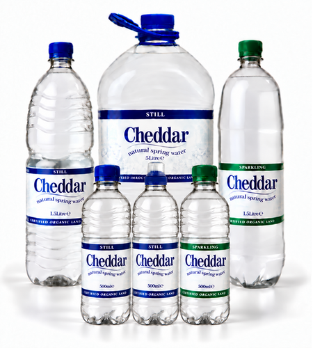 750ml Cheddar Sparkling Spring Water in a clear glass bottle